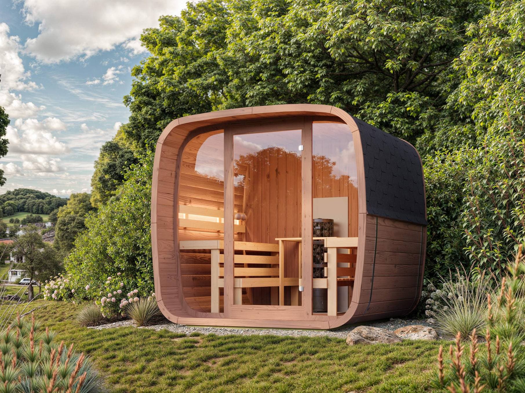 Sauna Regenerum Comfort w nowoczesnym ogrodzie