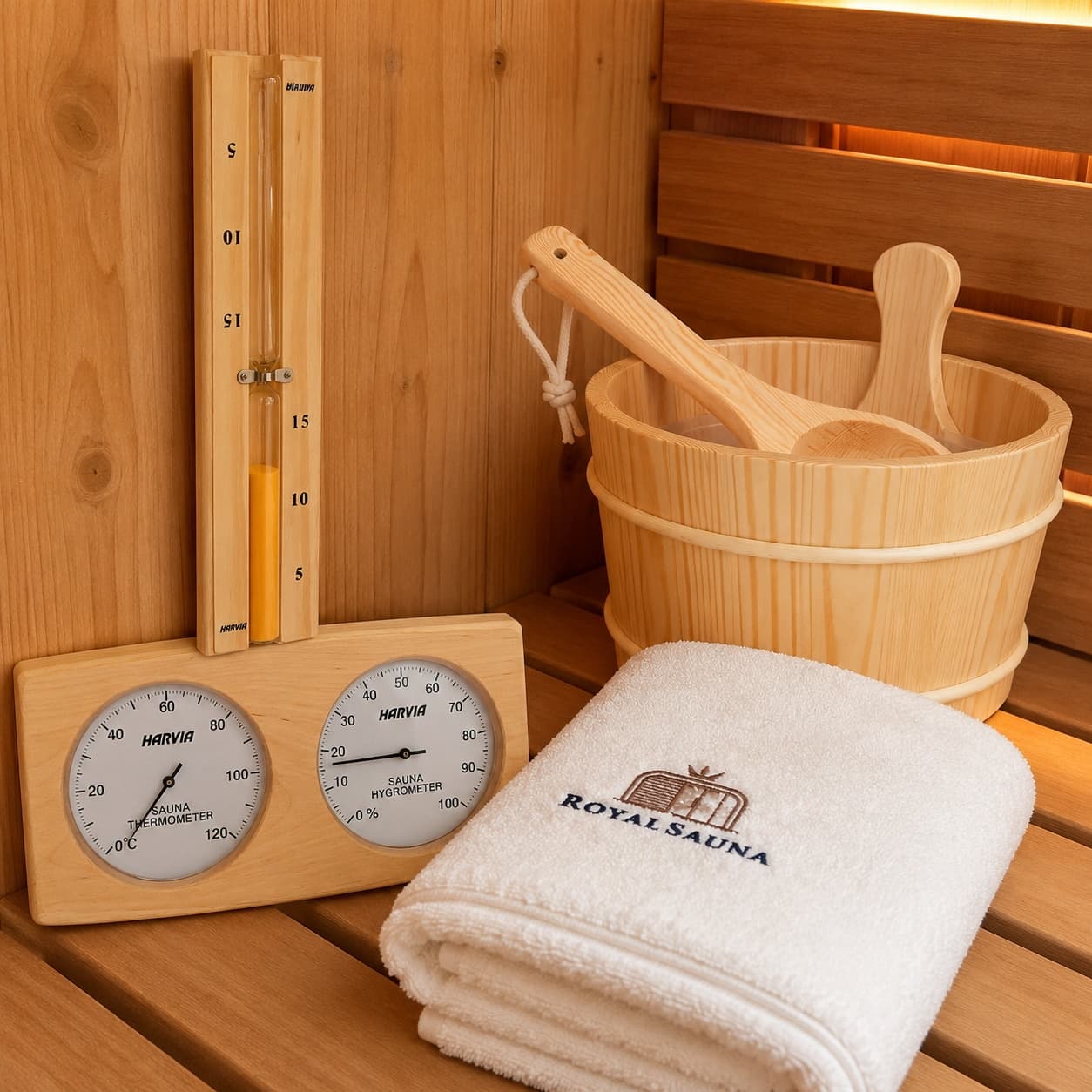 Welcome set: bucket, ladle, thermometer, towel