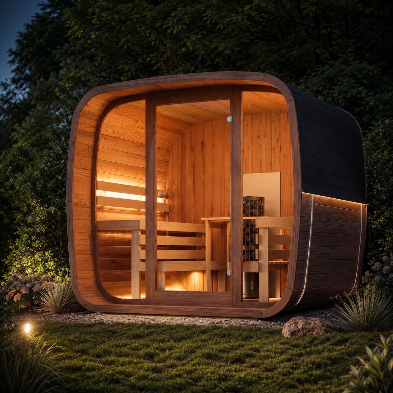 Regenerum sauna at night with a glowing interior
